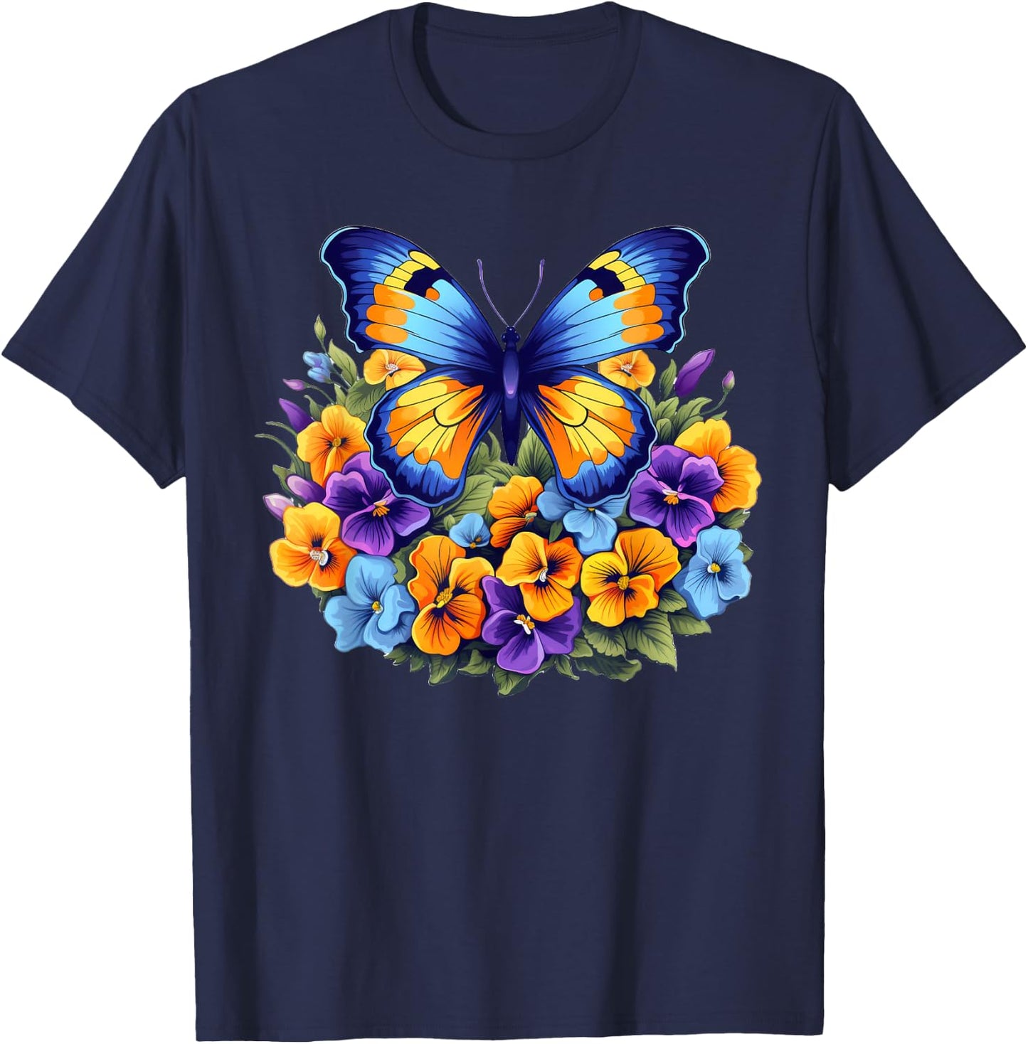 Pansies Butterfly Flower Pansy Gardening Floral T-Shirt - T-Shirt | Navy