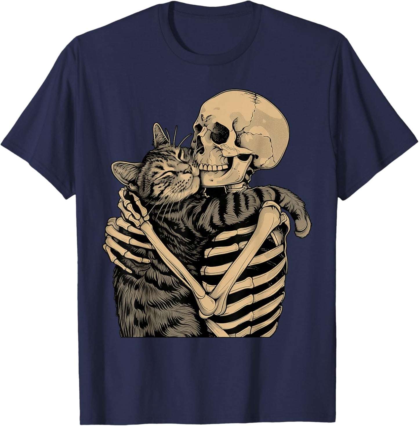 Skeleton Hugging Cat Halloween Cat Lover Cat Mom Dad T-Shirt - T-Shirt | Navy