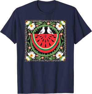 Fruits Flowers Watermelon Map Free Palestine T-Shirt - T-Shirt | Navy