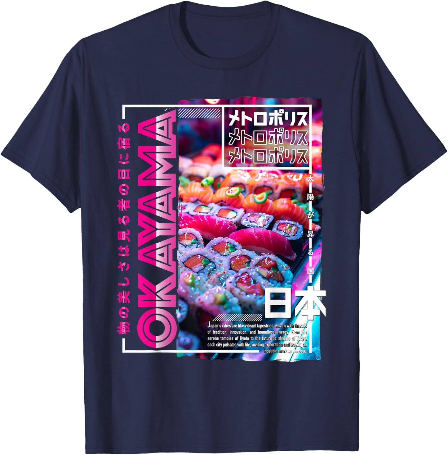Okayama City 80s Synthwave Sushi Japan Okayama T-Shirt - T-Shirt | Navy