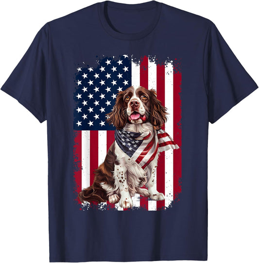 English Springer Spaniel Dog American Flag 4th Of July Gifts T-Shirt - T-Shirt | Navy