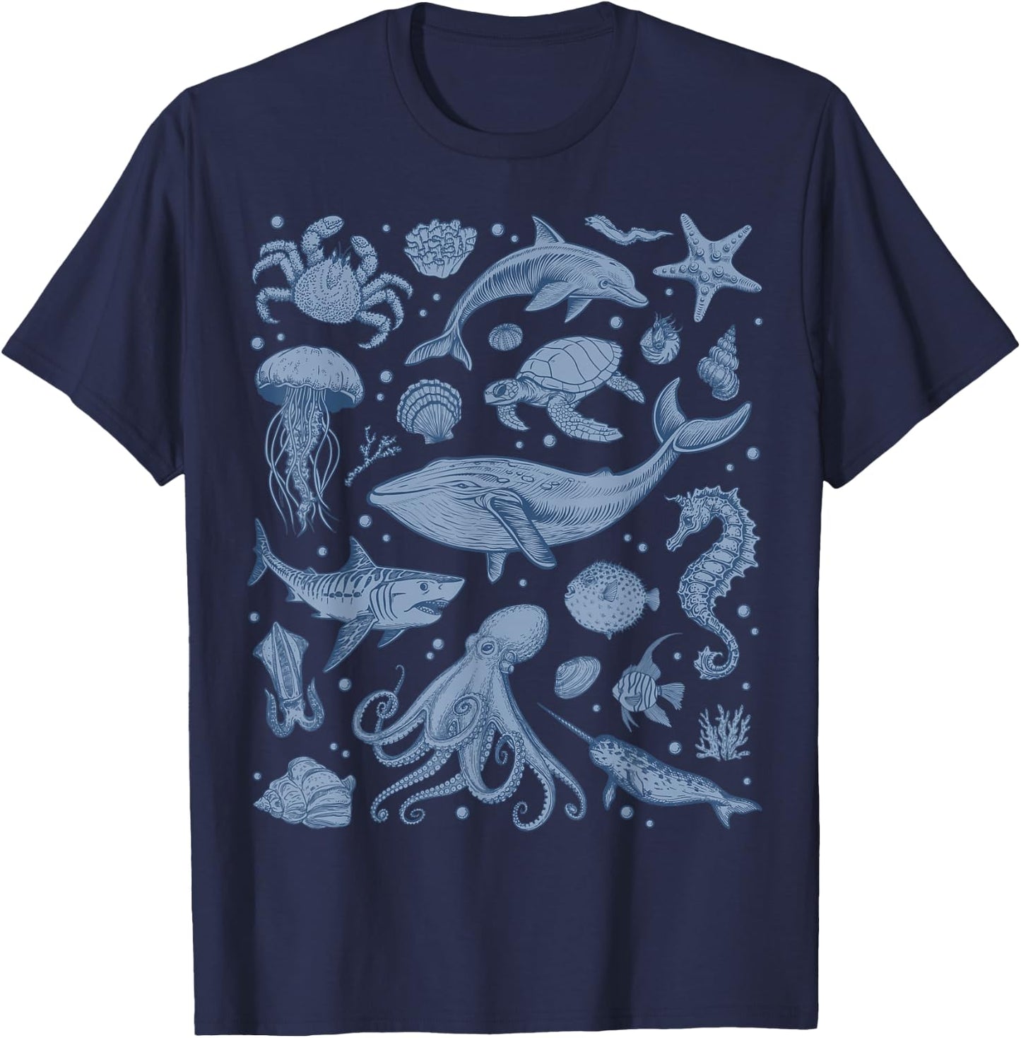 Ocean Life Sea Whale Dolphin Beach 90s Vintage Graphic T-Shirt - T-Shirt | Navy
