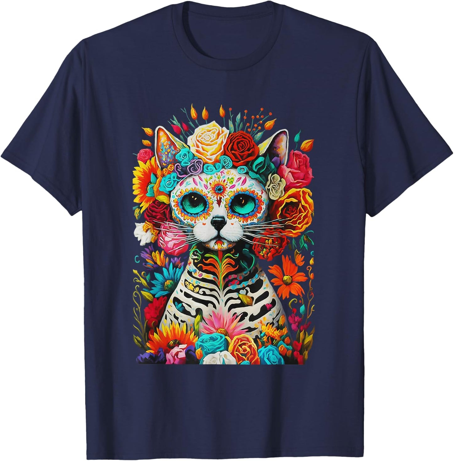 Sugar Skull Cat De Los Muertos La Catrina Day Of The Dead Women Kids T-Shirt - T-Shirt | Navy
