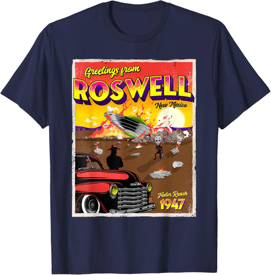 Greetings from Roswell Foster Ranch 1947 UFO Alien Crash T-Shirt - T-Shirt | Navy