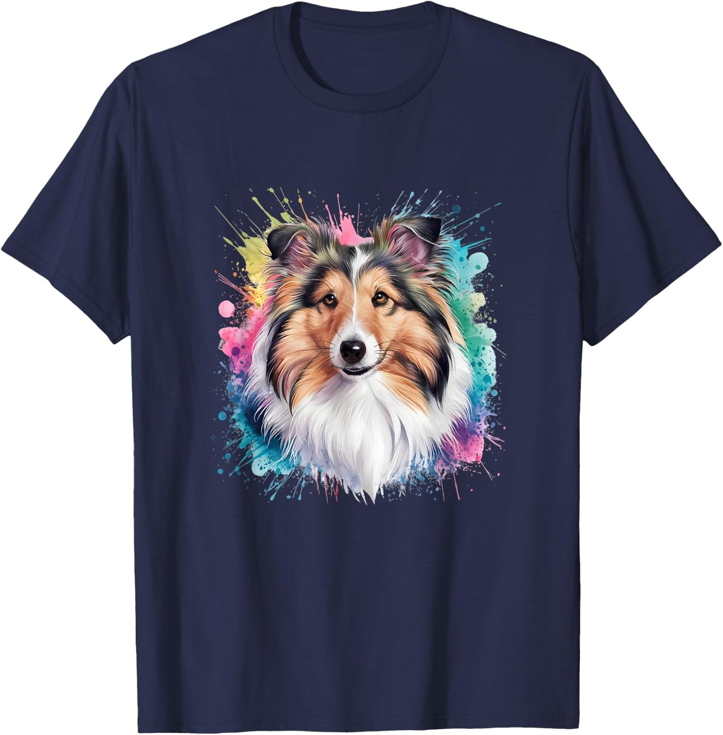 Men Woman Colorful Watercolor Shetland Sheepdog T-Shirt - T-Shirt | Navy
