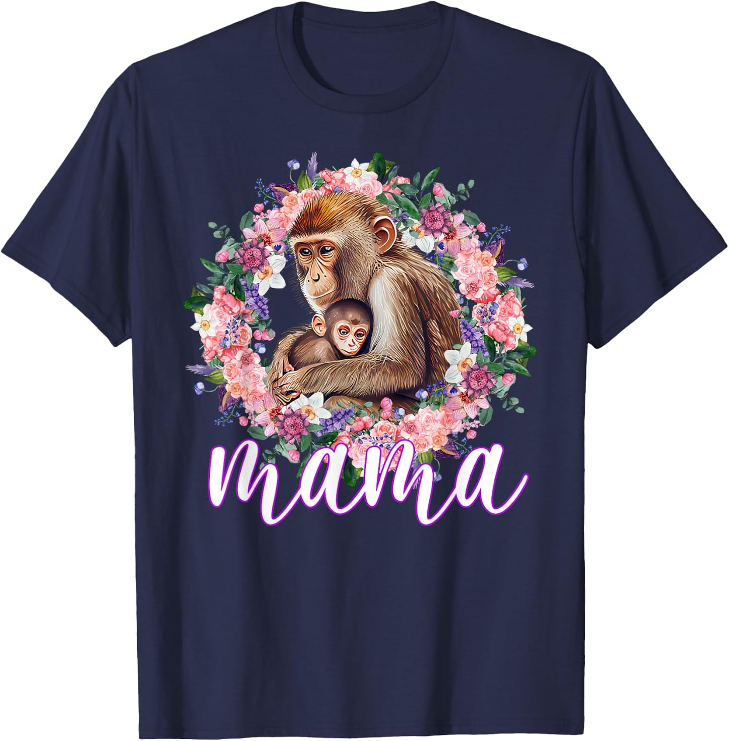 Flowers Mom & Cute Baby Monkey - Animal Mama Mother's Day T-Shirt - T-Shirt | Navy