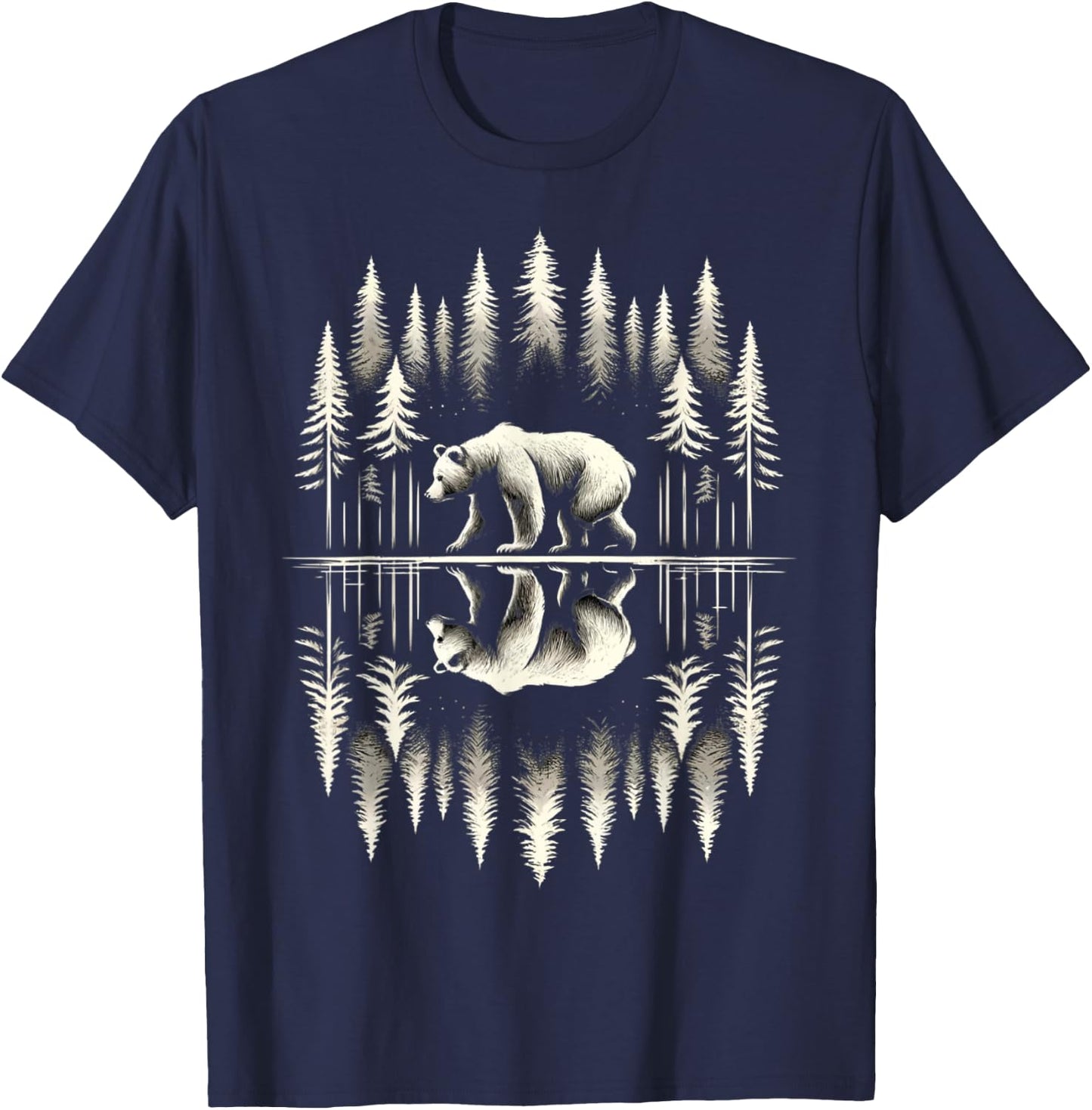 Bear Reflection Lake Outdoor Forest Trees Wildlife Nature T-Shirt - T-Shirt | Navy