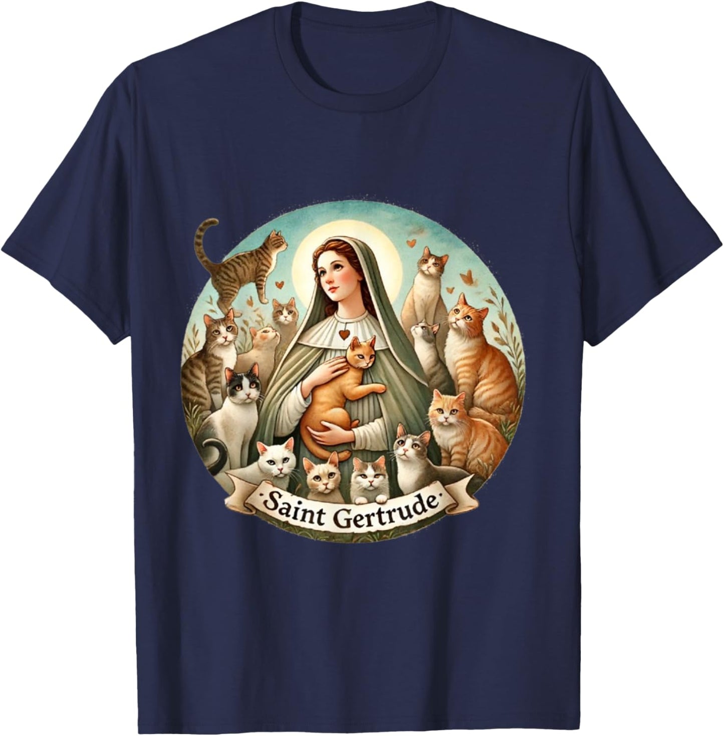 Saint Gertrude Patron of Cats Love Cats Catholic Saint Kitty T-Shirt - T-Shirt | Navy