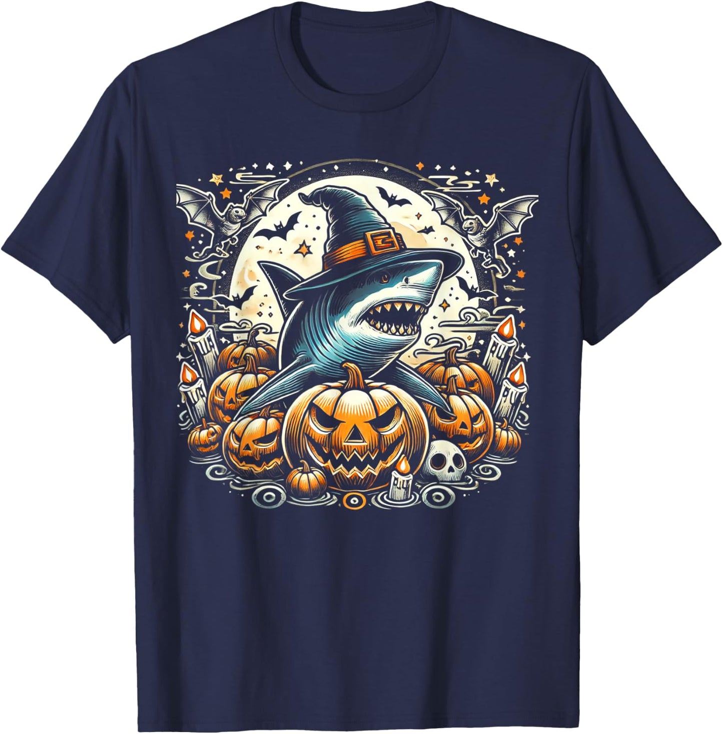 Shark Witch Halloween - Spooky Pumpkin Art T-Shirt - T-Shirt | Navy
