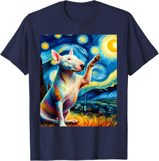 American Bull Terrier Dog Starry Night Painting T-Shirt - T-Shirt | Navy
