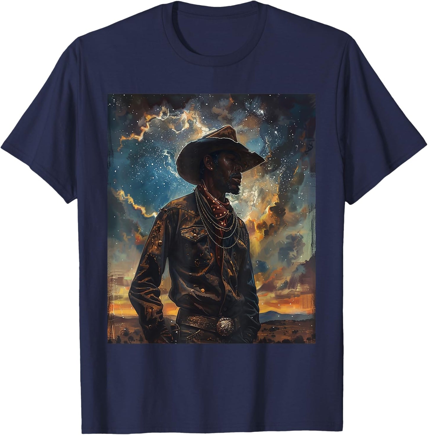 Young Black Western Retro Cowboy Wearing Hat Melanin Art T-Shirt - T-Shirt | Navy