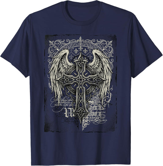 Y2K Grunge Cross Gothic Men Streetwear T-Shirt - T-Shirt | Navy