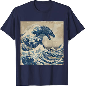Japanese Kaiju In Hokusai Great Wave off Kanagawa T-Shirt - T-Shirt | Navy