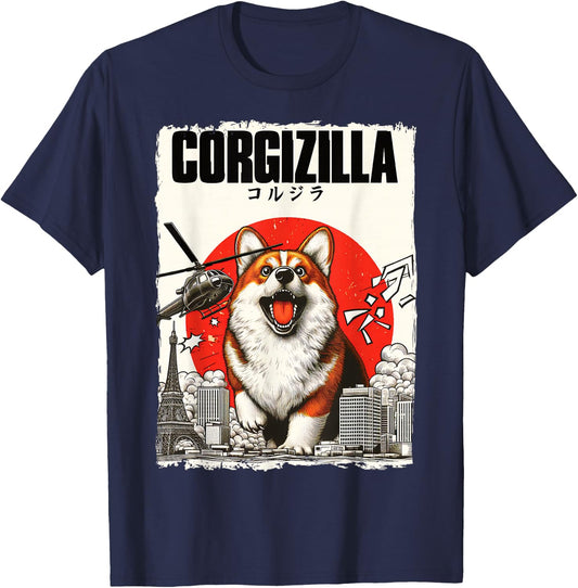 Feline Fashions Cat Apparel.USA CorgiZilla Parody Japanese Art Corgi Dog Mom Dad Adult T-Shirt - T-Shirt | Navy