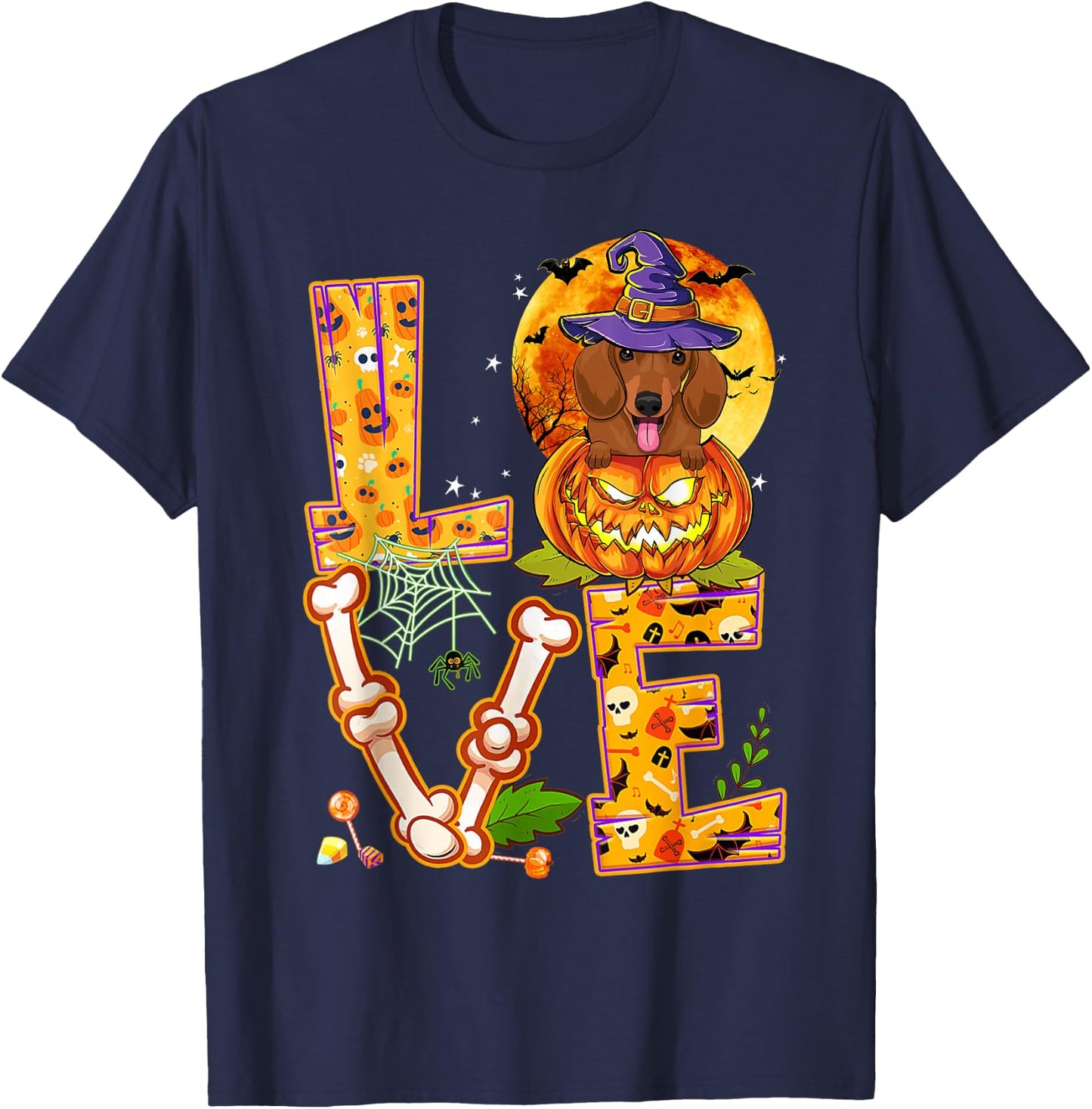 Love Dachshund Witch Pumpkin Scary Halloween Dog Lovers T-Shirt - T-Shirt | Navy