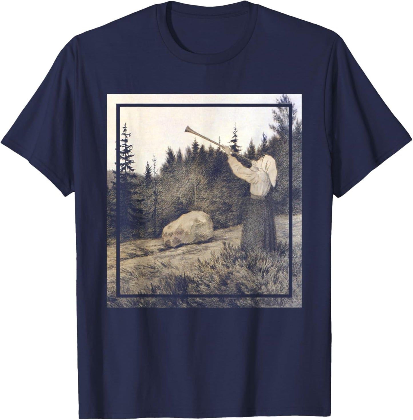 Op under Fjeldet toner en Lur - Kittelsen Black Metal Art T-Shirt - T-Shirt | Navy