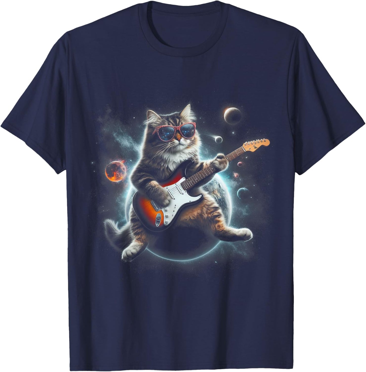 Rock Cat Playing Guitar Electric in space Funny kitty Galaxy Women Kids T-Shirt - T-Shirt | Navy