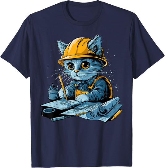 Cute working Cat Civil Engineer Technician Men Women T-Shirt - T-Shirt | Navy