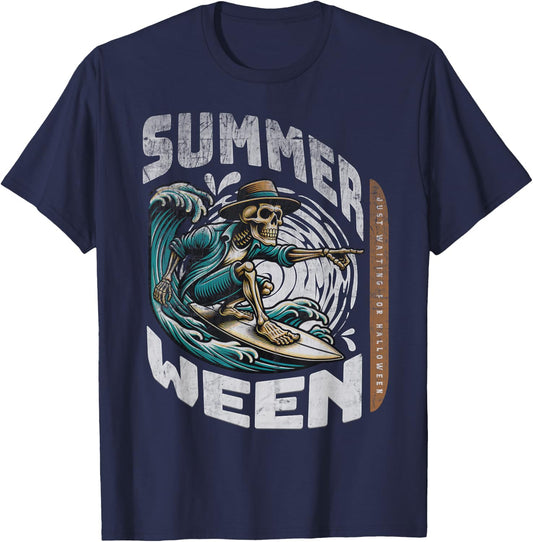 Summerween Halloween Skeleton Summer Vibes Surfing Ghost Men Women Kids T-Shirt - T-Shirt | Navy