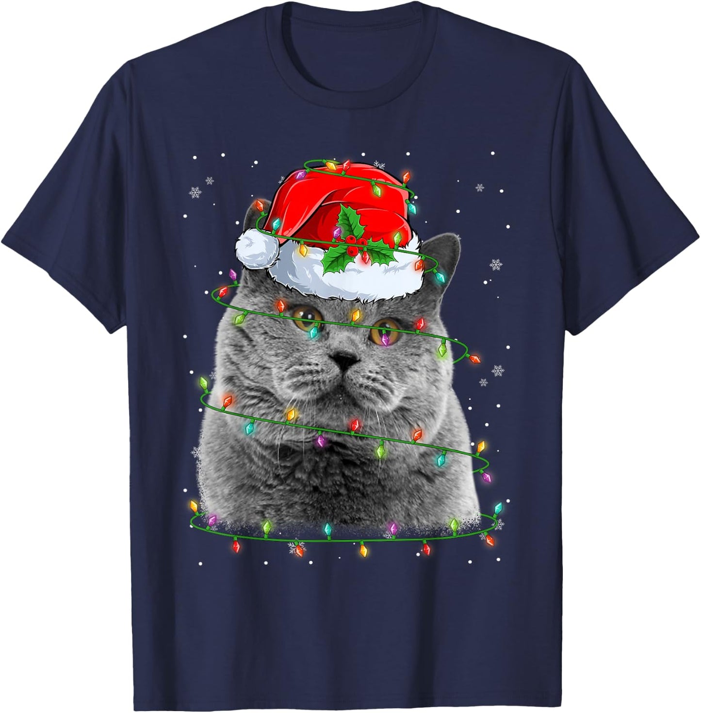 Funny British Shorthair Cat Santa Hat Christmas Tree Lights T-Shirt - T-Shirt | Navy