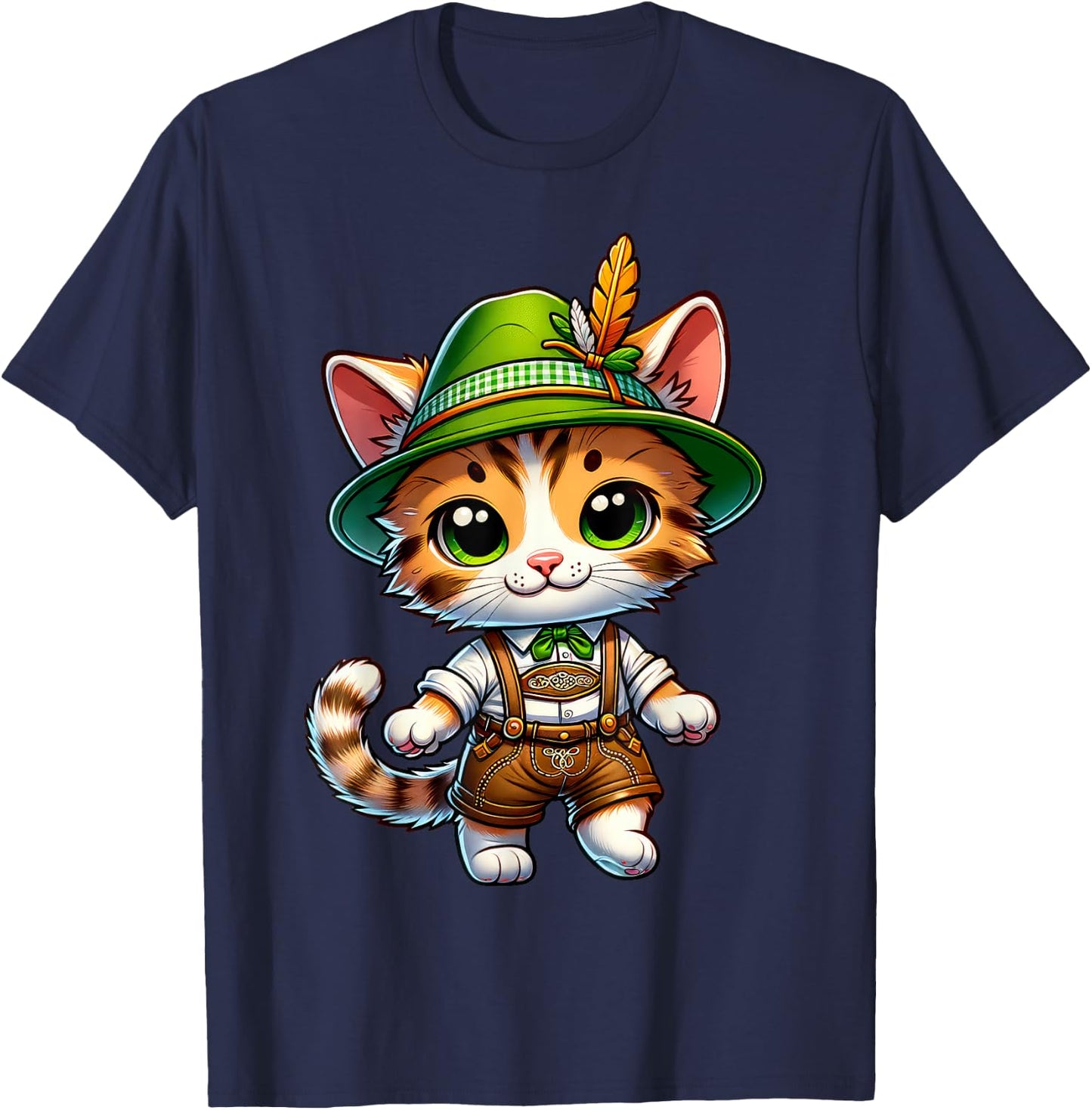 Oktoberfest Cat Funny German Bavarian Lederhosen Cat Lover T-Shirt - T-Shirt | Navy