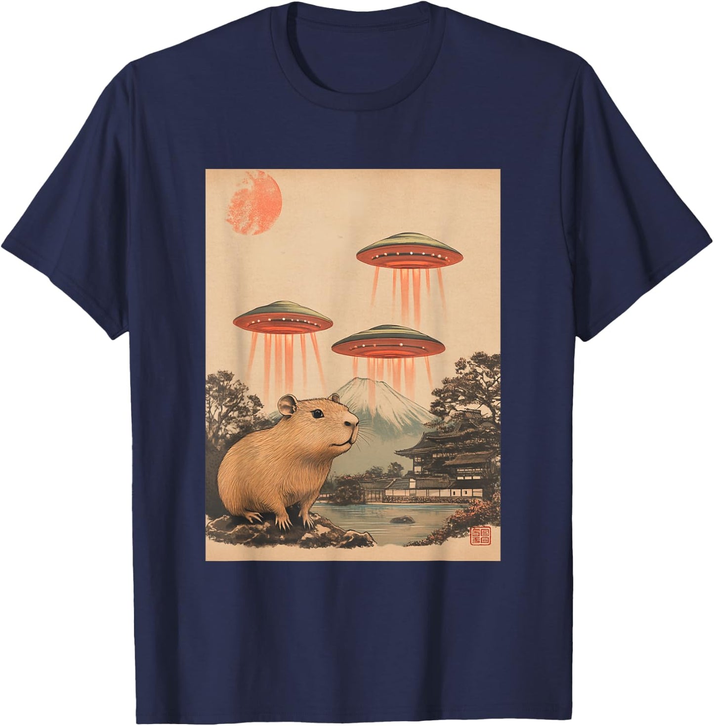 Vintage Japan Art Japanese Retro Print Capybara with UFOs T-Shirt - T-Shirt | Navy