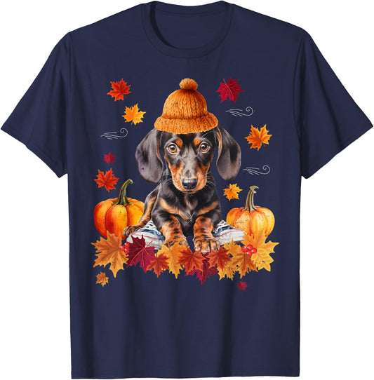 Dachshund Hello Autumn Leaf Fall For Dog Lover Men Women Girls Kids T-Shirt - T-Shirt | Navy
