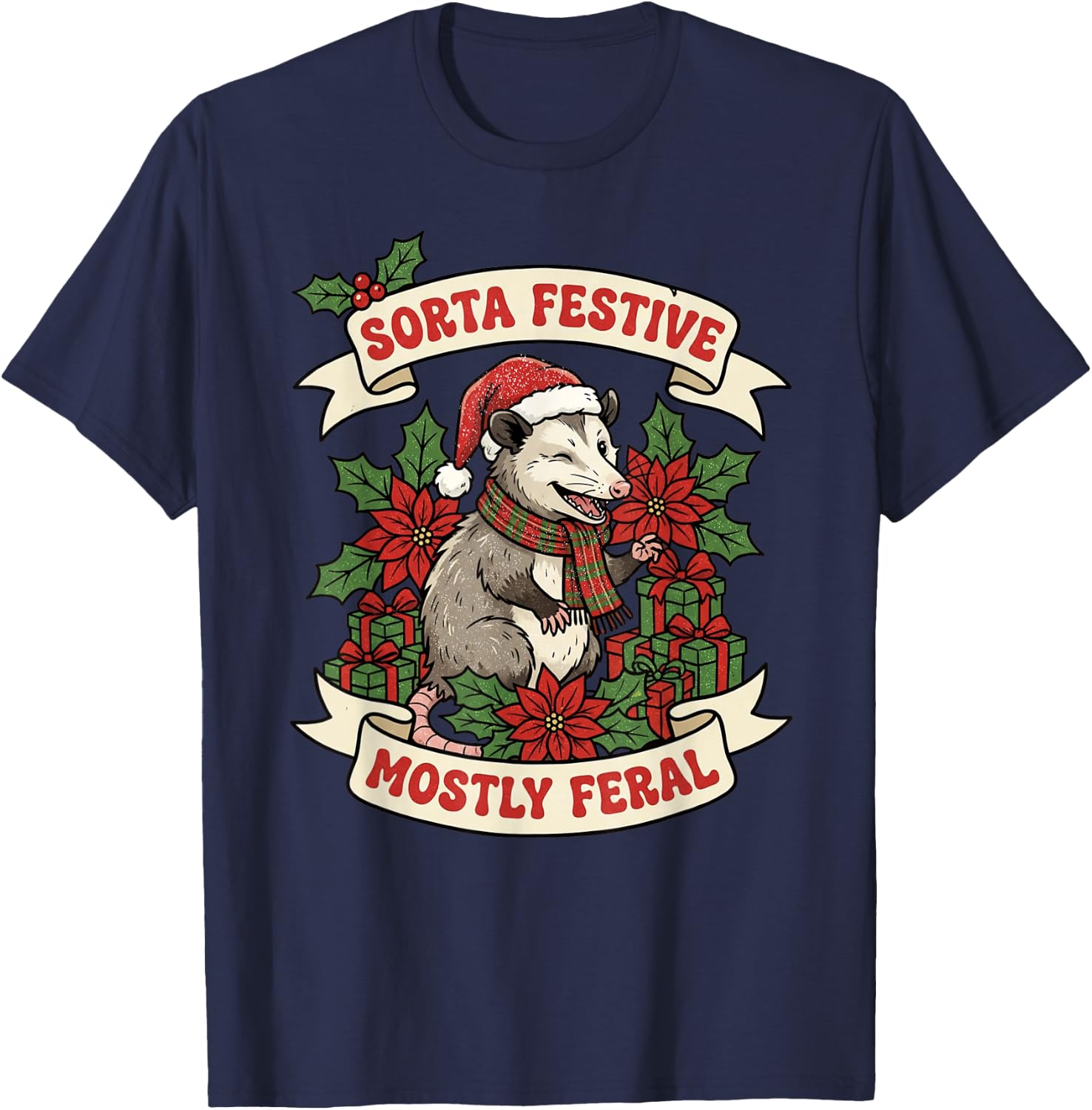 Sorta Festive Mostly Feral Opossum Funny Christmas Holiday T-Shirt - T-Shirt | Navy