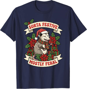 Sorta Festive Mostly Feral Opossum Funny Christmas Holiday T-Shirt - T-Shirt | Navy
