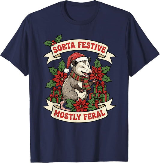 Sorta Festive Mostly Feral Opossum Funny Christmas Holiday T-Shirt - T-Shirt | Navy