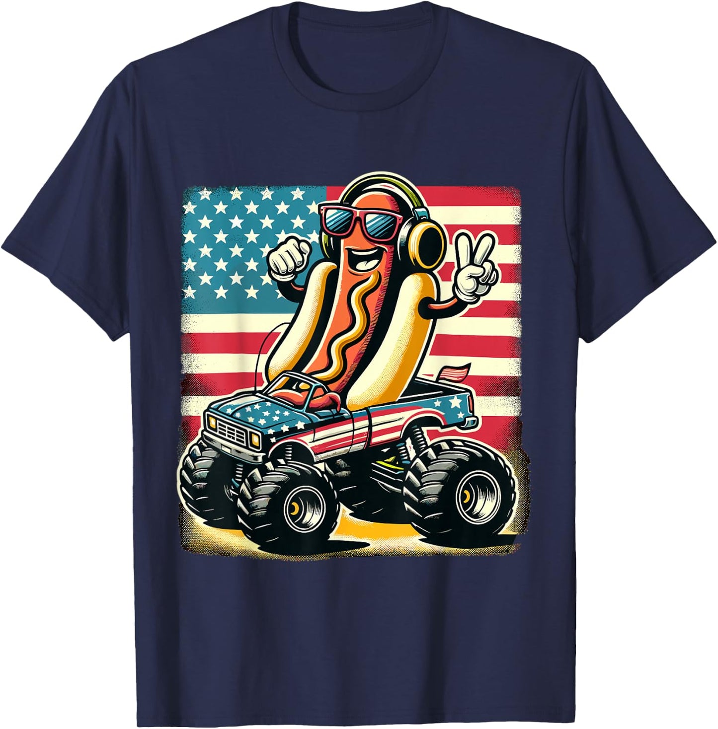 Monster Truck 4th Of July Hotdog Peace Sign American Flag T-Shirt - T-Shirt | Navy