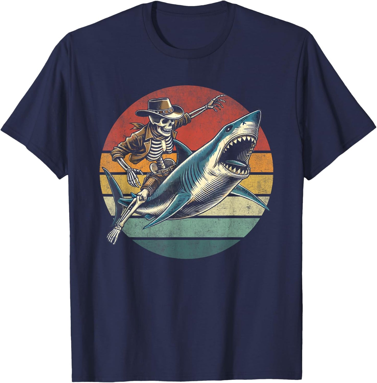 Skeleton Rodeo Shark Funny Vintage Skeleton Riding Shark T-Shirt - T-Shirt | Navy