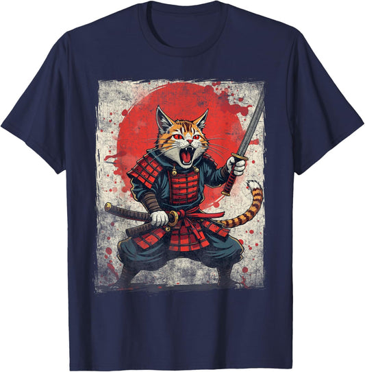 Samurai Cat Ukiyo-e Warrior Art Vintage Ninja Cat Graphic T-Shirt - T-Shirt | Navy