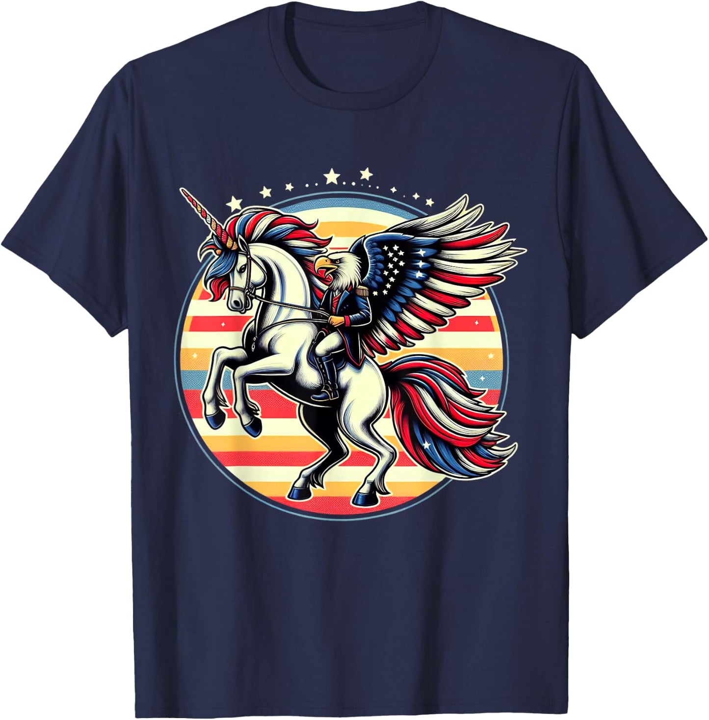 Bald Eagle Riding Unicorn 4th Of July American Flag Women Kids Men T-Shirt - T-Shirt | Navy