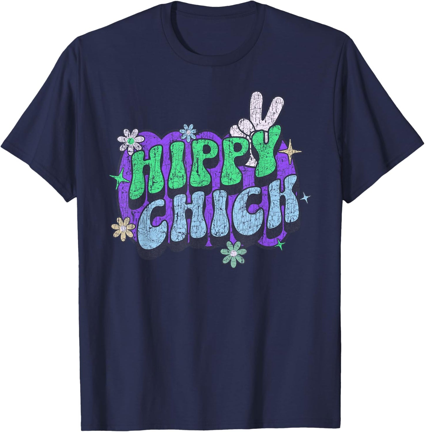 Hippy Chick, Women Girl Cute Retro Saying Hippie Floral T-Shirt - T-Shirt | Navy