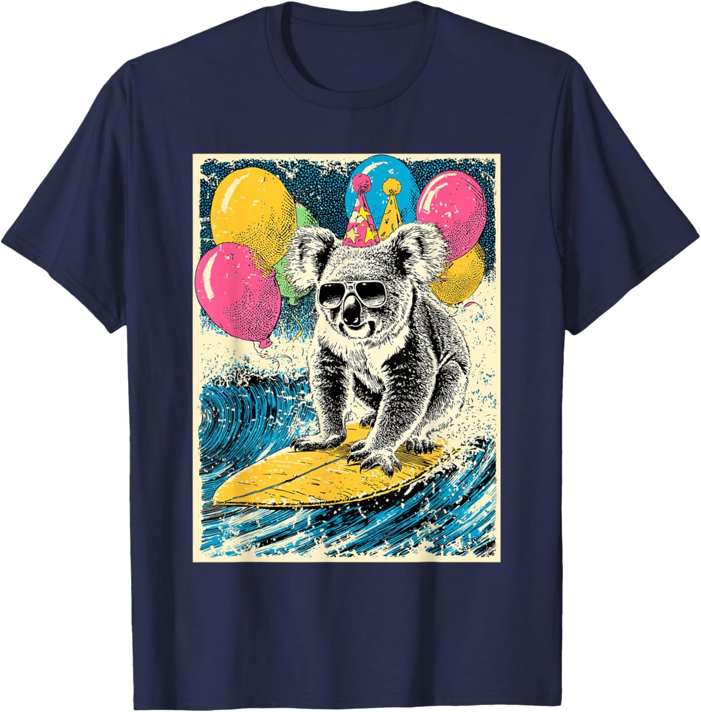 Koala Surfing Birthday Party Themed Balloons Retro Art T-Shirt - T-Shirt | Navy
