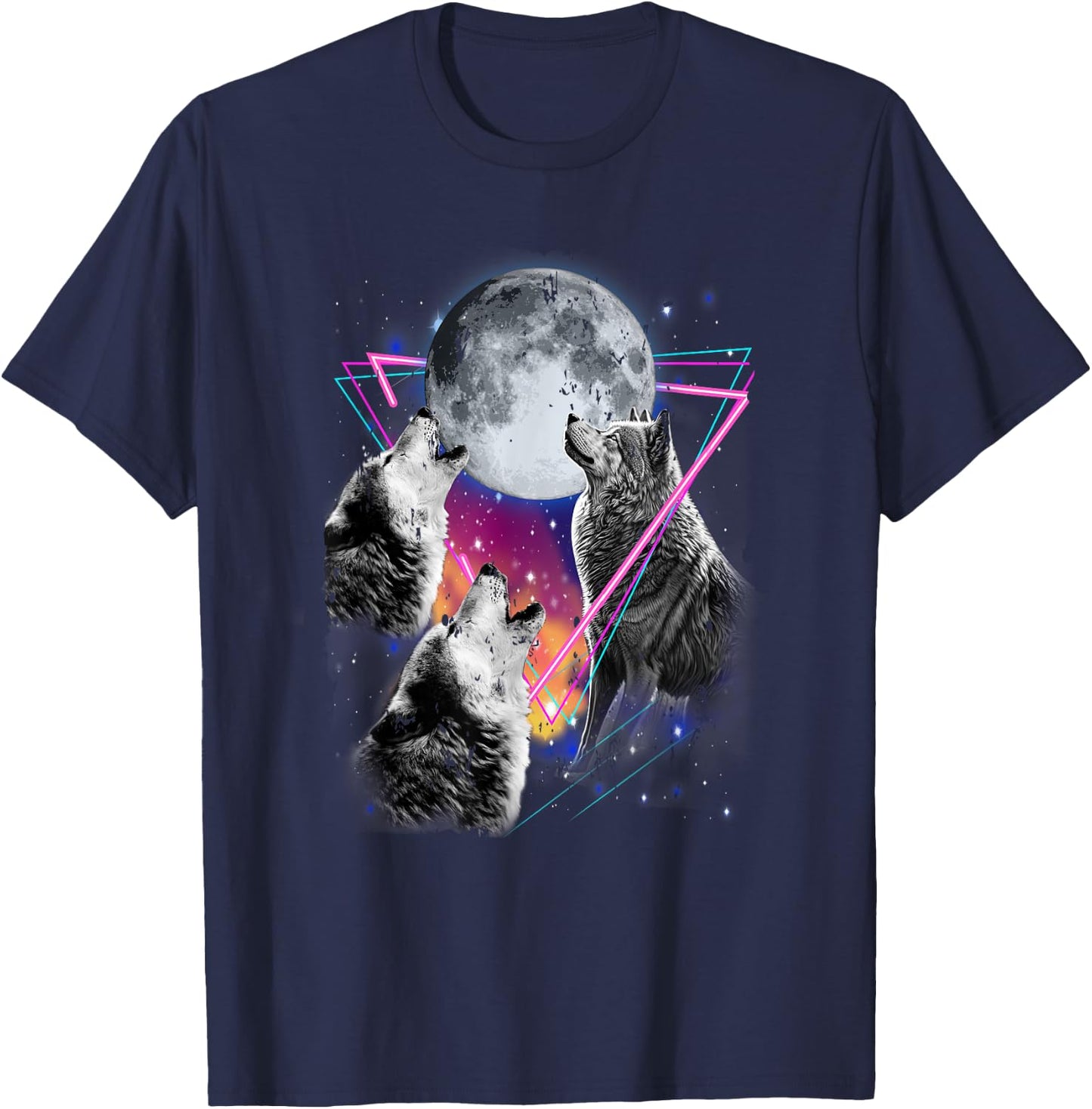 Epic 3 Wolves Howling At Moon 80s Style Wolf T-Shirt - T-Shirt | Navy