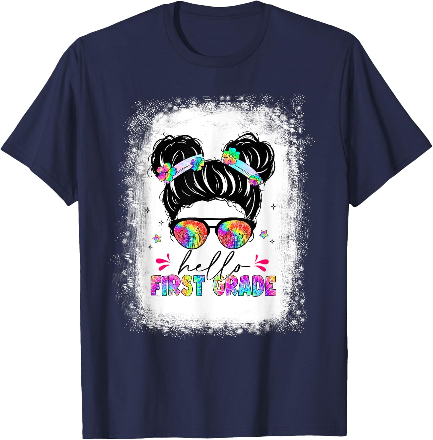 Hello First Grade shirt messy bun tie dye back to school T-Shirt - T-Shirt | Navy