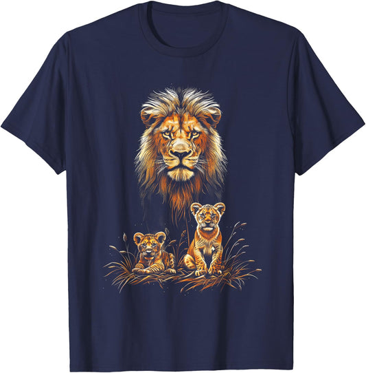 Lion Father Cubs Majestically Wildlife Jungle T-Shirt - T-Shirt | Navy