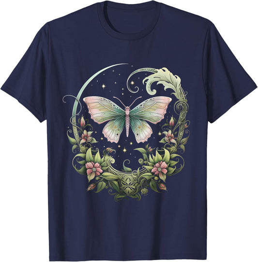 Goblincore Moth and Butterfly Moonphases Flowers Cottagecore T-Shirt - T-Shirt | Navy