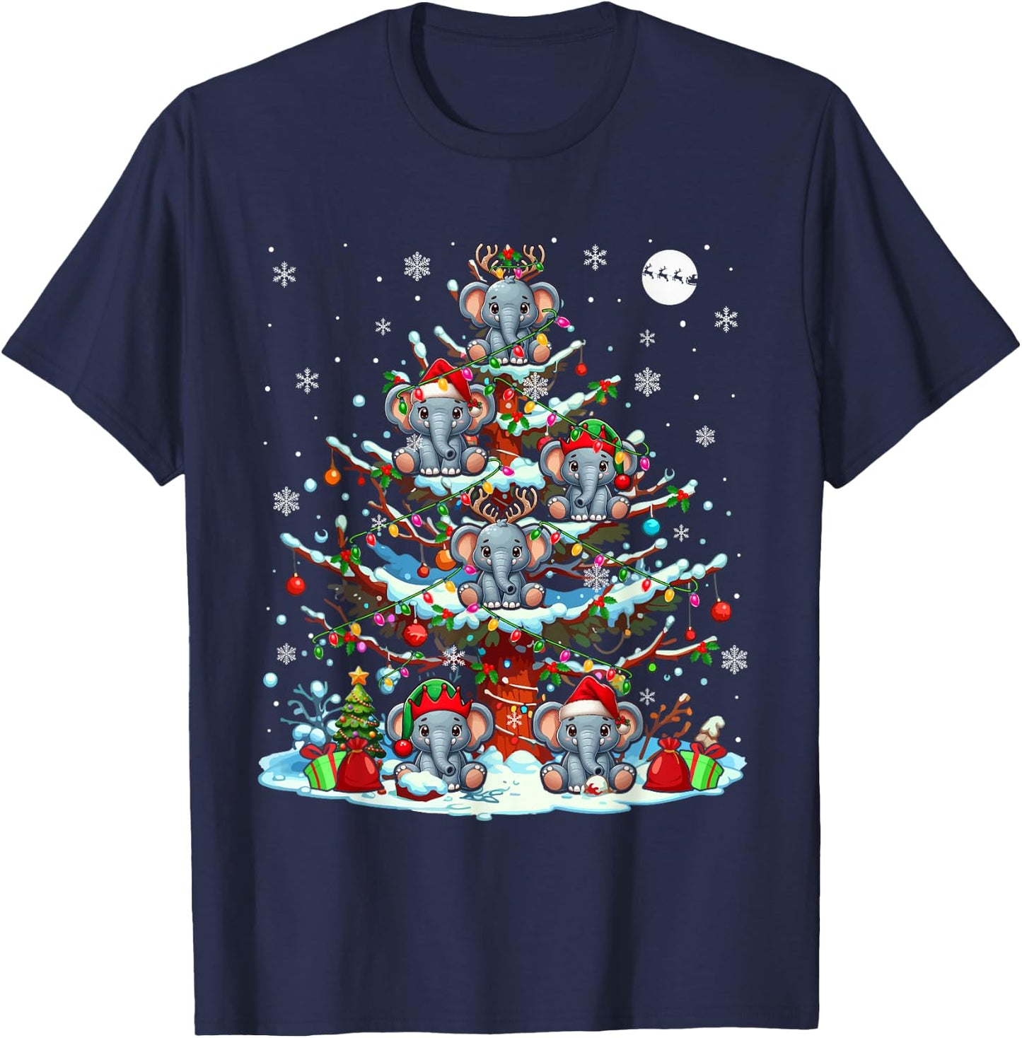 Group Santa Reindeer Elf Elephants On Christmas Tree T-Shirt - T-Shirt | Navy