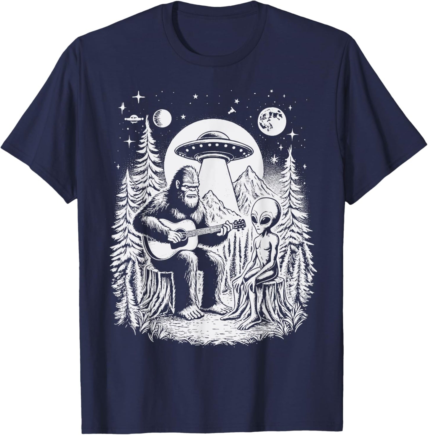 Bigfoot UFO Alien Around Campfire Nature Hiking Sasquatch T-Shirt - T-Shirt | Navy