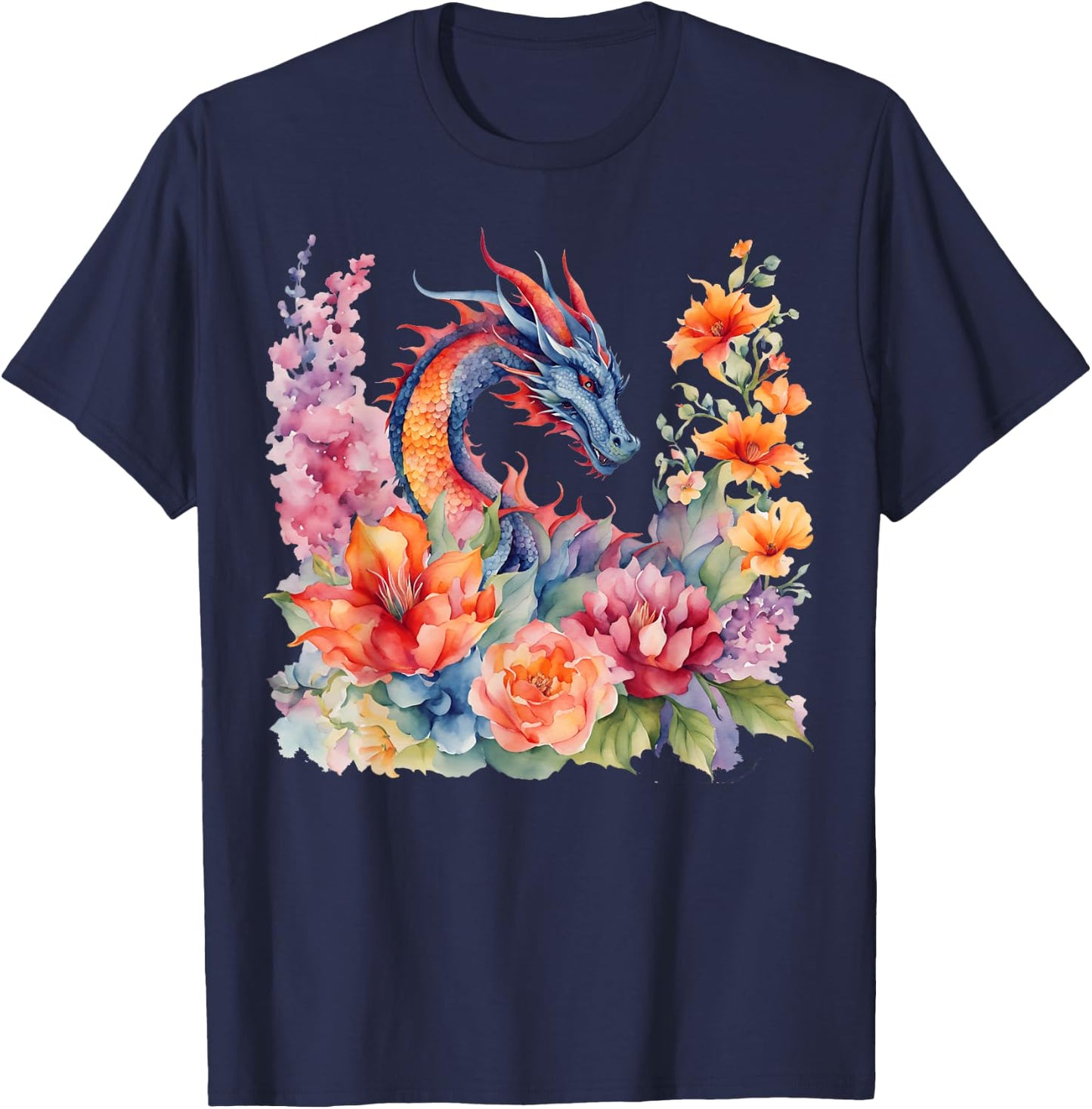 Watercolor Dragon Flowers Beautiful Art Colorful Graphic T-Shirt - T-Shirt | Navy