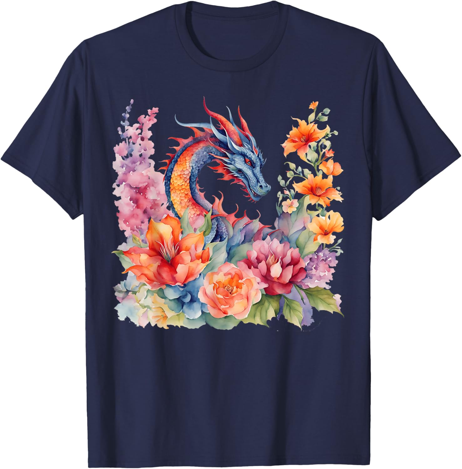 Watercolor Dragon Flowers Beautiful Art Colorful Graphic T-Shirt - T-Shirt | Navy