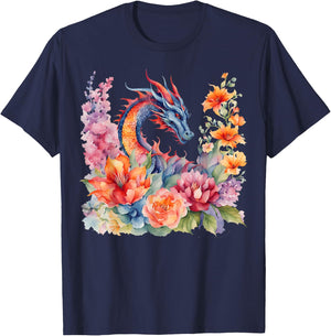 Watercolor Dragon Flowers Beautiful Art Colorful Graphic T-Shirt - T-Shirt | Navy
