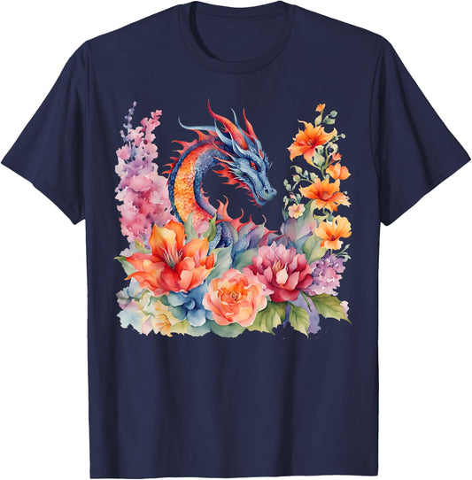 Watercolor Dragon Flowers Beautiful Art Colorful Graphic T-Shirt - T-Shirt | Navy