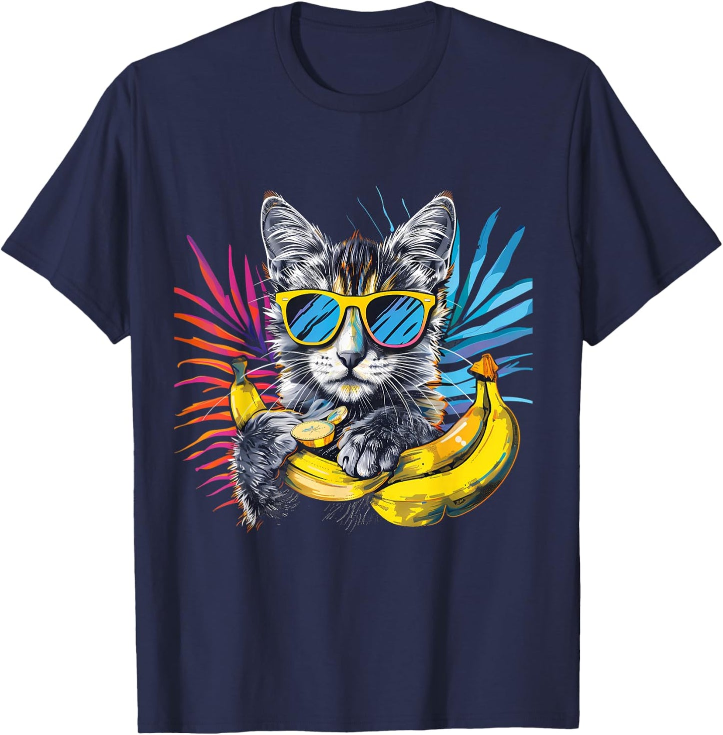 Banana Cat Colourful Sunglasses Artwork Banana Fruits T-Shirt - T-Shirt | Navy