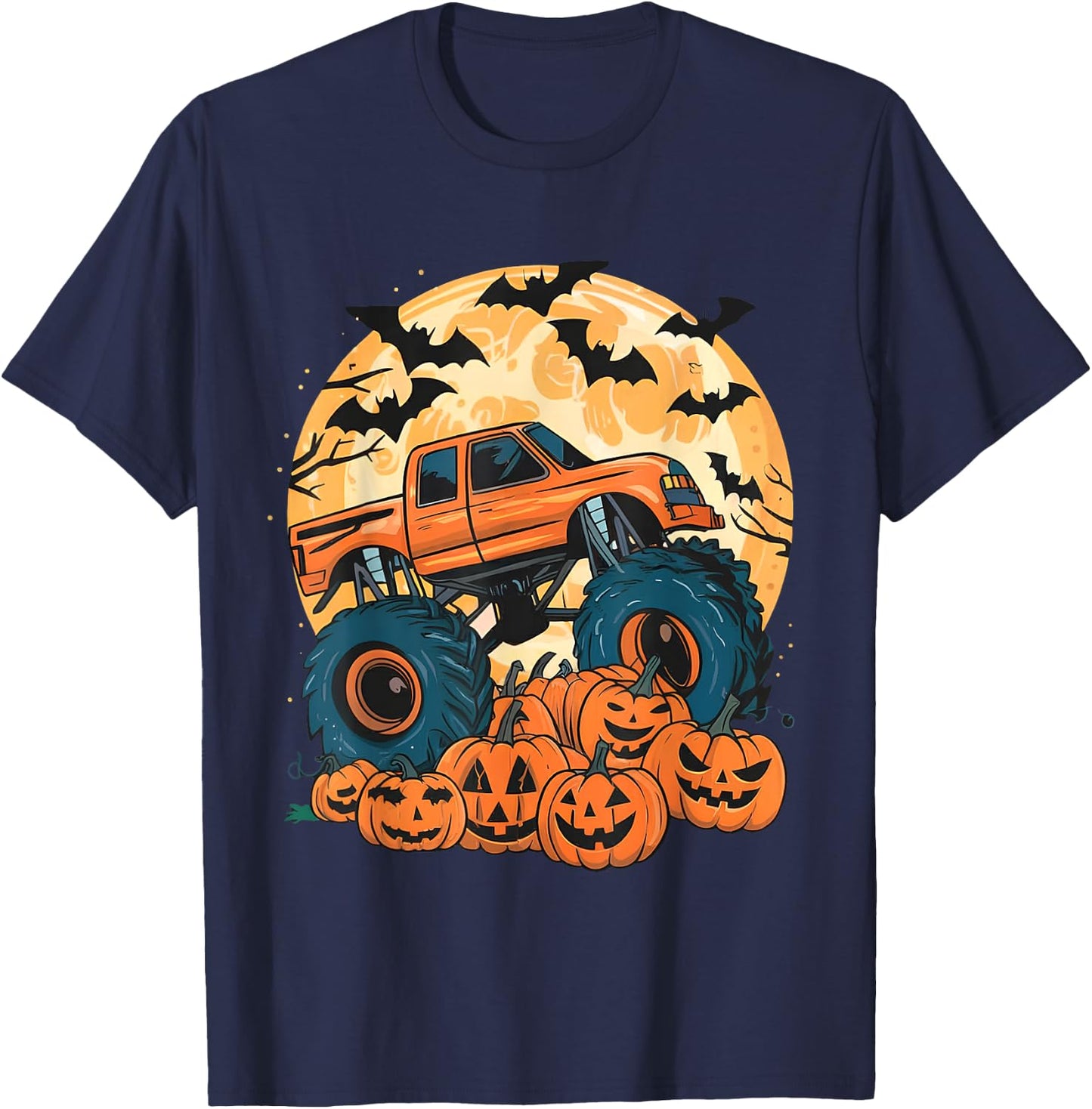 Ghost Truck Moon Pumpkin Toddler Boys Halloween Teens Kids T-Shirt - T-Shirt | Navy