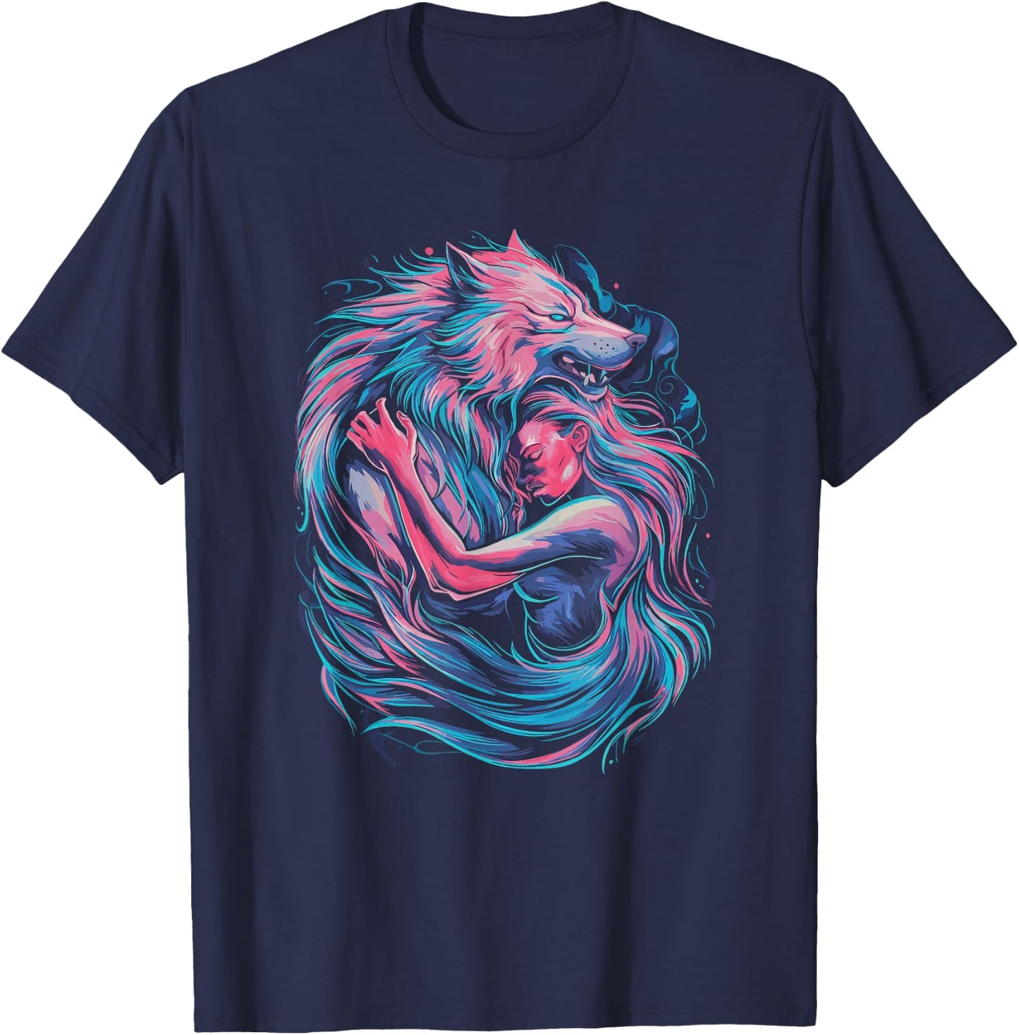 Therian art with a girl and a wolf entwined T-Shirt - T-Shirt | Navy