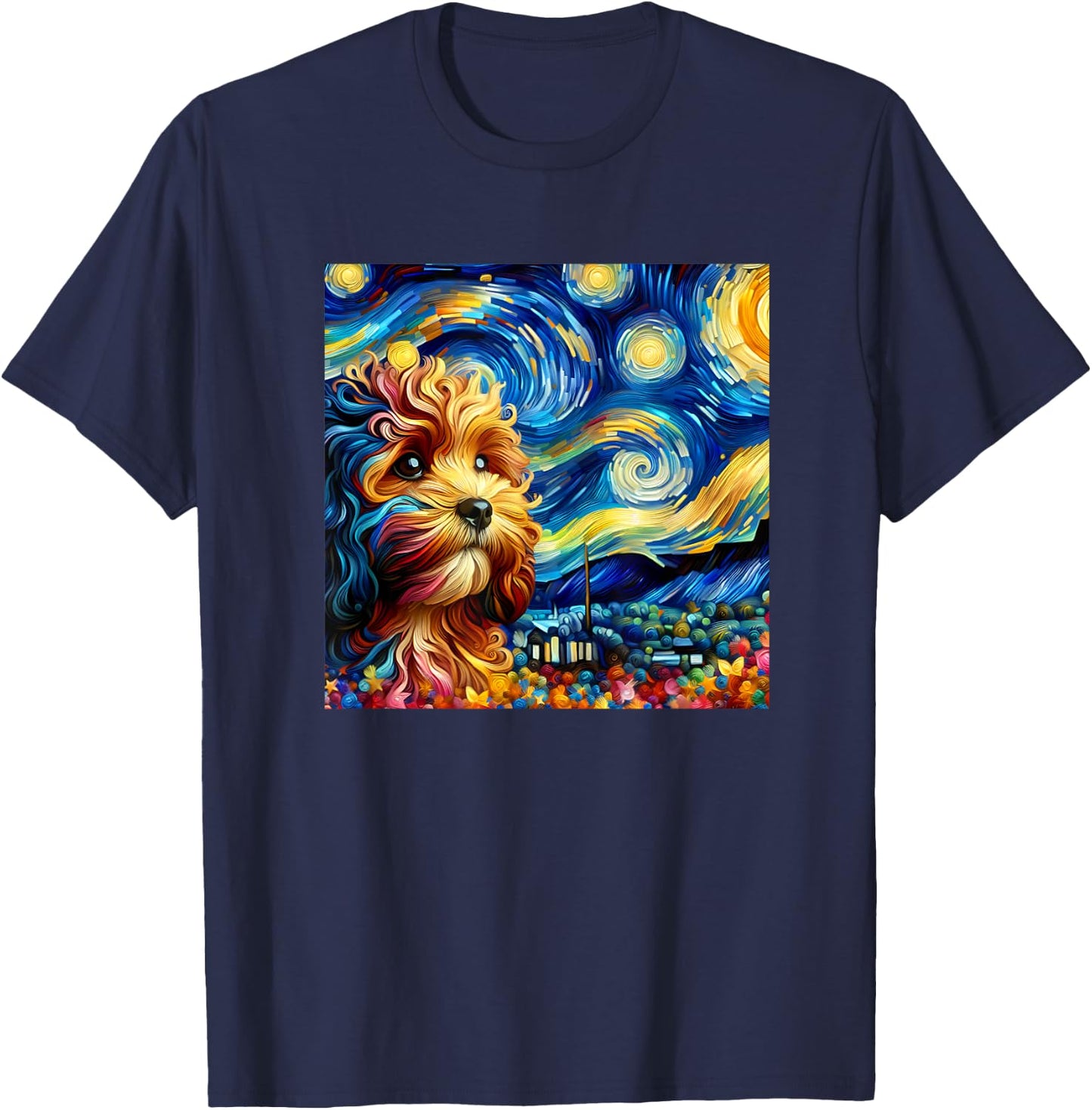 Cute Cavapoo Starry Night Painting Style Dog Art Women Kids T-Shirt - T-Shirt | Navy